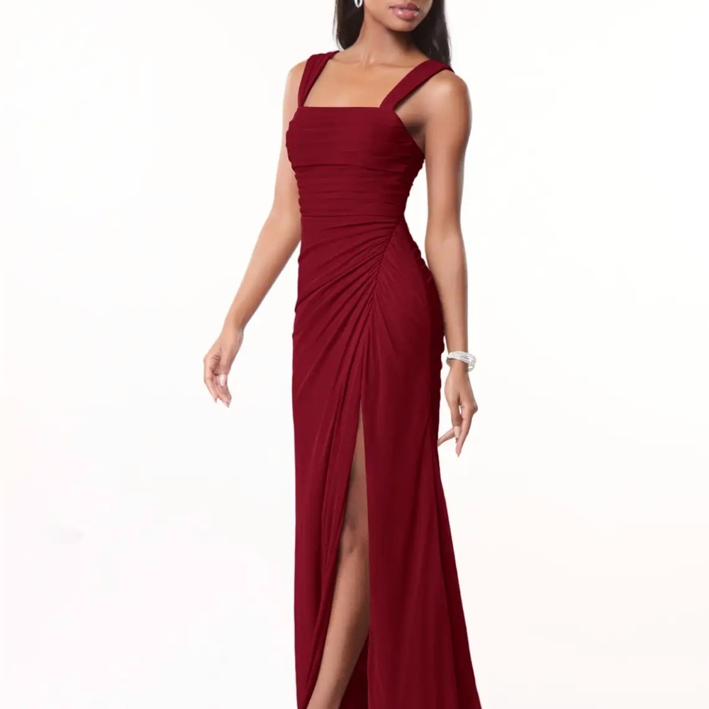 Azazie Burgundy Ruched Maxi Dress with Square Neck